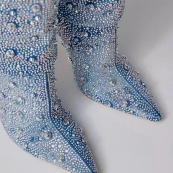 Urban Outfitters Azalea Wang Challengers Rhinestone Denim Boots Stiletto - Picture 7 of 12